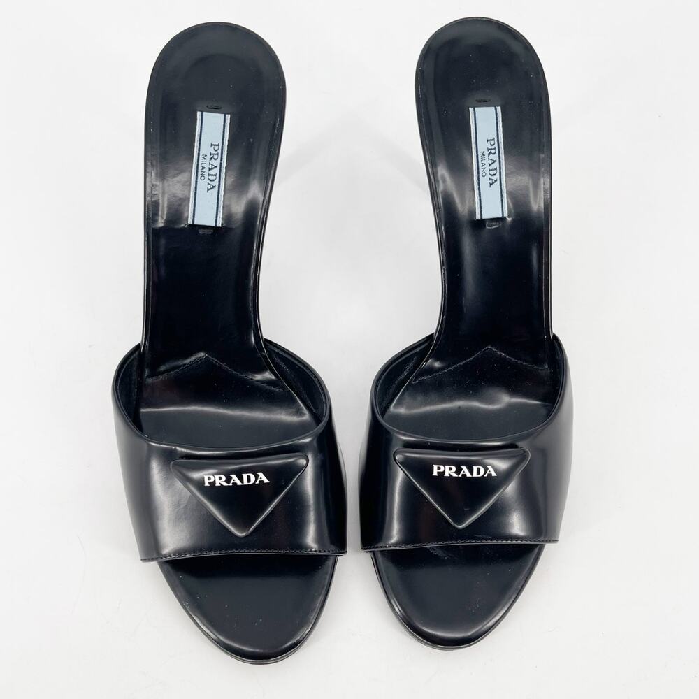 Prada Black Leather Padded Logo 75mm Open Toe Slide Sandal Mule Heels IT 40 - Picture 6 of 12